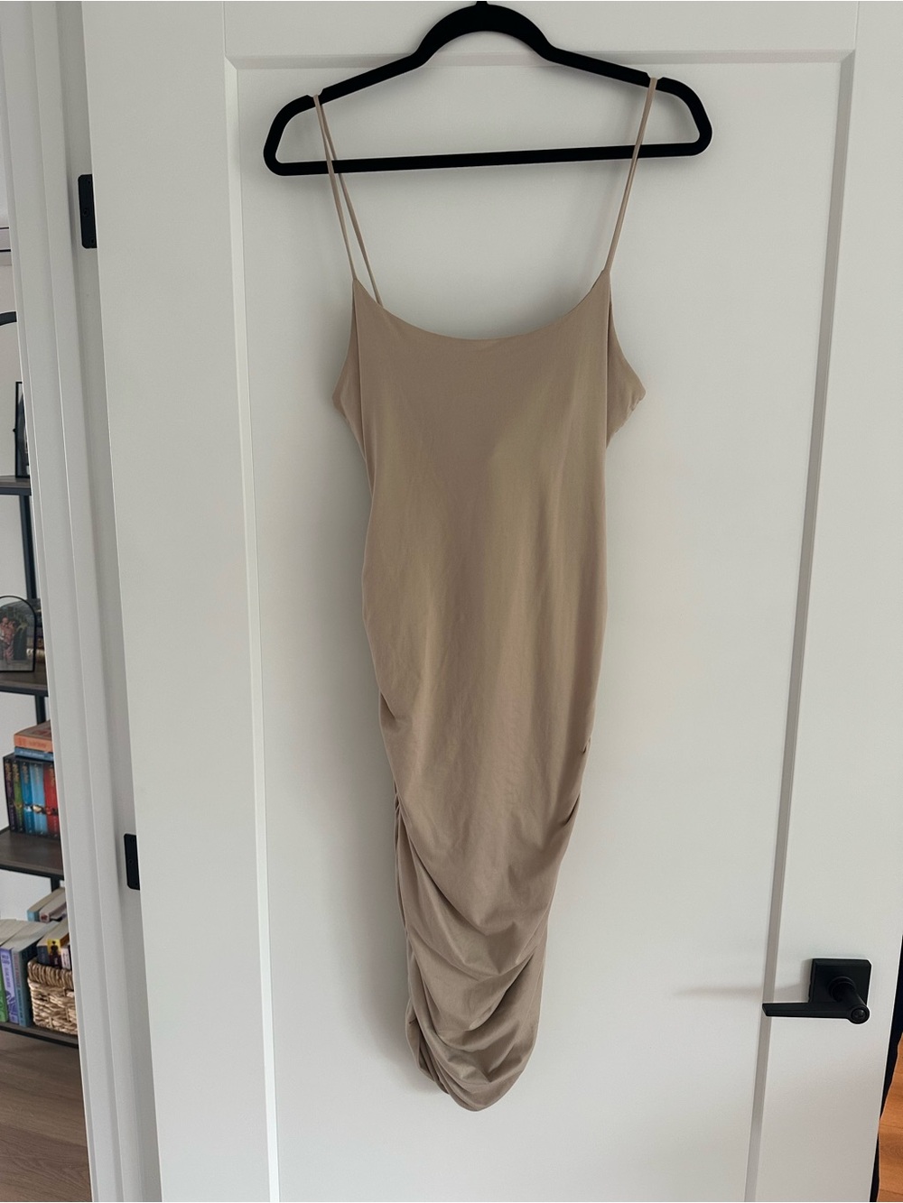 Spaghetti Strap Ruched Midi Dress - Beige